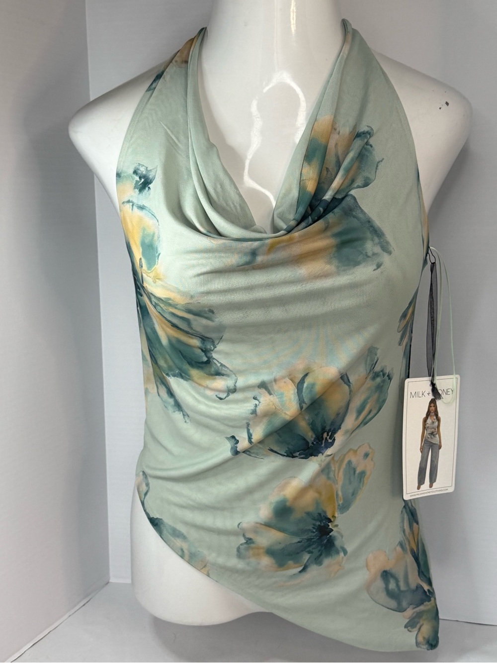 Women's Mint Floral Draped Top